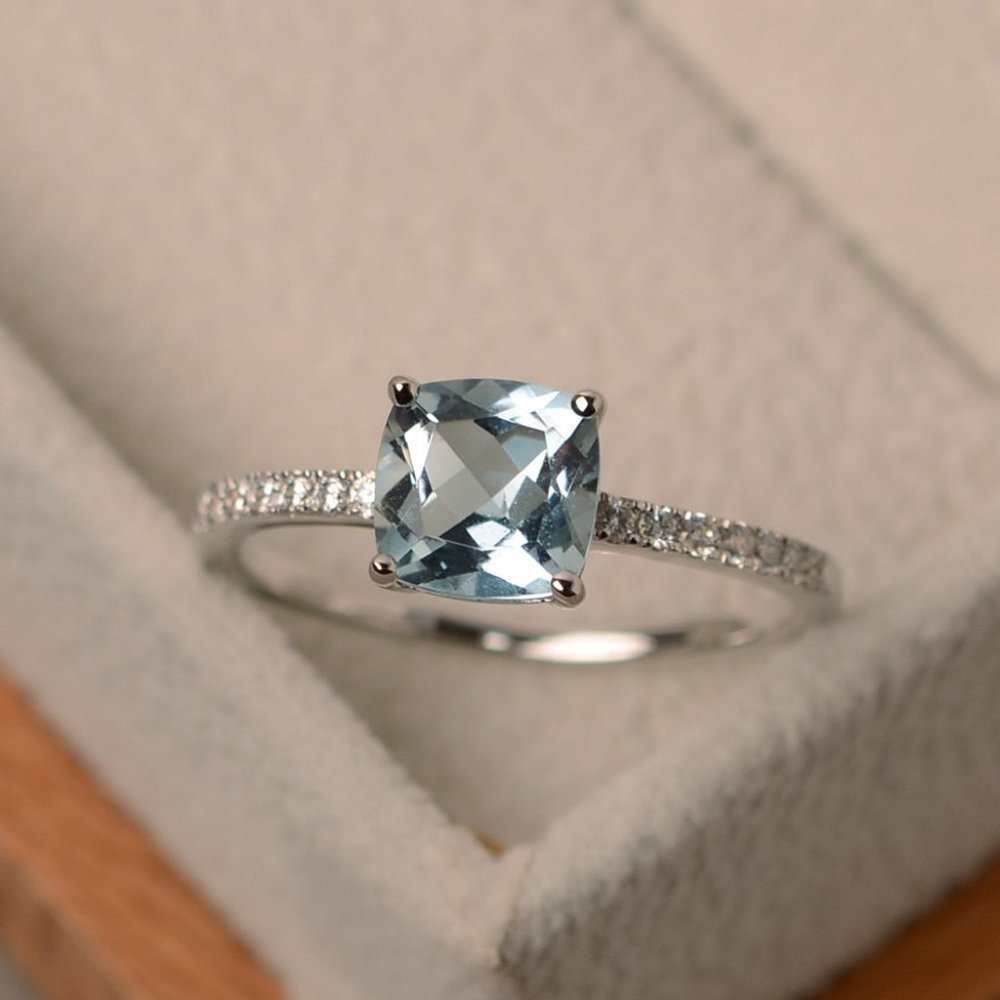 925 Silver Aquamarine Diamond Cushion Cut Ring